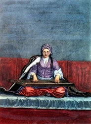Tyrkisk jente som spiller siter, gravert av Gerard Jean Baptiste Scotin (1671-1716) (gravering)