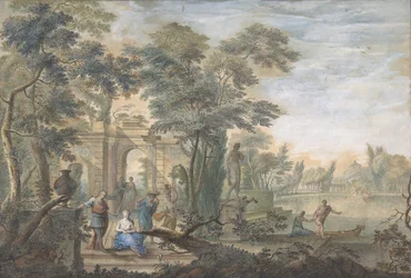 Arkadisk landskap med flere figurer og en statue av Diana, 1700-tallet.