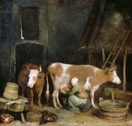 En tjenestejente melker en ku i en låve, 1652-1654