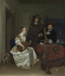 En kvinne som spiller en Theorbo til to menn, ca 1668