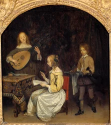 The Concert: sanger og spiller av Luth Theorbe. Maleri av Gerard Ter Borch (1617-1681), nederlandsk skole