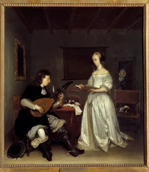 Duoen; sanger og luttspiller theorbo. Maleri av Gerard Ter Borch (1617-1681), nederlandsk