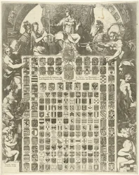 Kjønnsvåpen til prins William III i en allegorisk ramme LXIIII Gender Weapons of the Prince of Oraenjen etc. og Weapons of the 7 United Netherlands with its Cities etc. (tittel på objekt)