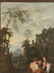 Italiensk landskap med tre kvinner som lager musikk Dekorasjon for et rom i huset til Jacob de Flines i Amsterdam (serietittel)