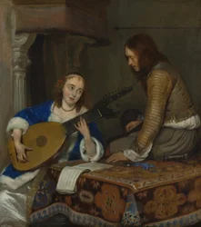 En kvinne som spiller teorbo-lutten og en kavaler, ca. 1658