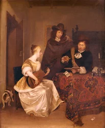 En ung kvinne som spiller en teorbo for to menn, 1667-68
