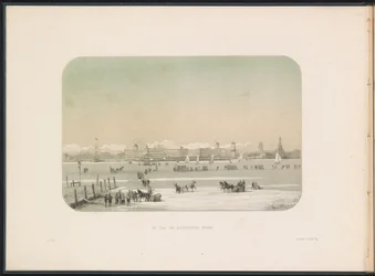 Isunderholdning på Maas i Rotterdam, sett fra Katendrecht, 1855 Byen Katendrecht sett (tittel på objekt) Isunderholdningen på Maas i Rotterdam i februar 1855, med bildetekster (serietittel på objekt)