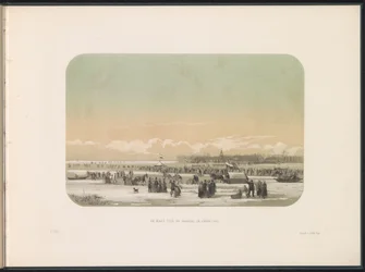 Isunderholdning på Maas i Rotterdam, i det fjerne fabrikken i Feijenoord, 1855 Maas foran fabrikken i Feijenoord (tittel på objekt) Isunderholdningen på Maas i Rotterdam i februar 1855, med bildetekster (serietittel på objekt)