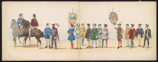 Maskerade av Leiden-studentene, 1855 (plate 13) Utkledd prosesjon holdt av medlemmene av Leiden studentkorps den 12. juni 1855, for å feire 280-årsjubileet for Leidsche Hoogeschool, som skildrer Karl Vs inntreden i