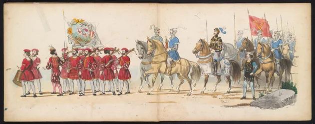 Maskerade av Leiden-studentene, 1855 (plate 14) Utkledd prosesjon holdt av medlemmene av Leiden studentkorps den 12. juni 1855, for å feire 280-årsjubileet for Leidsche Hoogeschool, som skildrer Karl Vs inntreden i