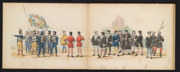 Masquerade of the Leiden Students, 1855 (plate 2) Utkledd prosesjon holdt av medlemmene av Leiden studentkorps den 12. juni 1855, for å feire 280-årsjubileet for Leidsche Hoogeschool, som skildrer Karl Vs inntreden i