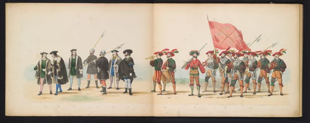 Maskerade av Leiden-studentene, 1855 (plate 3) Kostymert prosesjon holdt av medlemmene av Leiden studentkorps den 12. juni 1855, for å feire 280-årsjubileet for Leidsche Hoogeschool, som viser inngangen til Karel V i