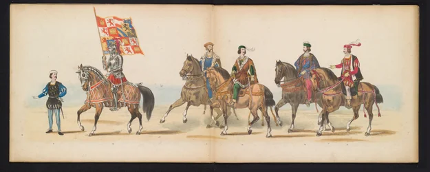 Maskerade av Leiden-studentene, 1855 (plate 7) Kostymert prosesjon holdt av medlemmene av Leiden studentkorps den 12. juni 1855, for å feire 280-årsjubileet for Leidsche Hoogeschool, som viser inngangen til Karel V i
