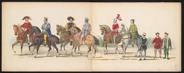 Maskerade av Leiden-studentene, 1855 (plate 9) Kostymert prosesjon holdt av medlemmene av Leiden studentkorps den 12. juni 1855, for å feire 280-årsjubileet for Leidsche Hoogeschool, som viser inngangen til Karel V i