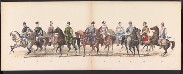 Maskerade av Leiden-studentene, 1870 (plate 10) Utkledd prosesjon holdt av medlemmene av Leiden studentkorps den 7. juni 1870, for å feire 295-årsjubileet for Leidsche Hoogeschool, som viser et besøk i Leiden i