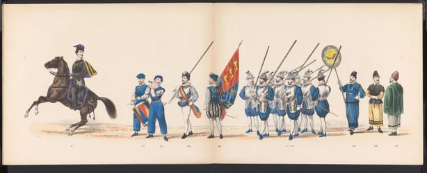 Maskerade van de Leidse studenten, 1870 (plaat 16) Gecostumeerde optogt gehouden door de leden van het Leidsche studentencorps den 7den Junij 1870, ter viering van den 295sten verjaardag der Leidsche Hoogeschool, voorstellende bezoek gebragt aan Leiden in 