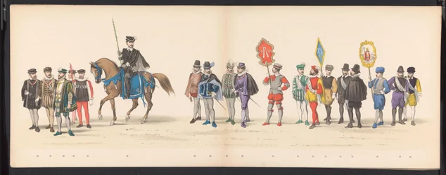 Maskerade av Leiden-studentene, 1875 (plate 2) Maskerade holdt av medlemmene av Leiden studentkorps den 15. juni 1875 for å feire 300-årsjubileet for Leidsche Hoogeschool, avbildet Leidsche Hoogeschool, avbildet i