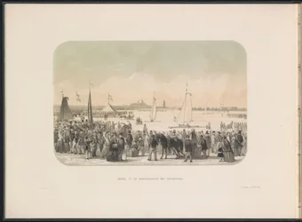 Konkurranse om isseilyachter på Maas i Rotterdam, 1855 Utsikt over hardseilfesten med isbåter (tittel på objekt) Isunderholdningen på Maas i Rotterdam i februar 1855, med bildetekster (serietittel på objekt)