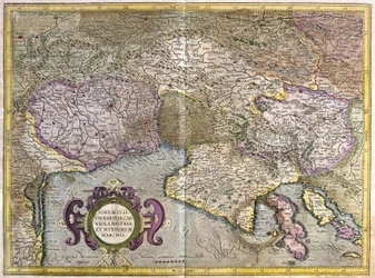 Friuli, Italia - Slovenia (Istria) med Triestebukta og Balkan (gravering