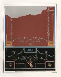 Veggmaleri fra et atrium i huset til Tryptolemus. VI, Ins. VII, nr. 18. Kromolitografi av Victor Steeger etter en illustrasjon av Geremia Discanno fra Emile Presuhn (1844-1878) De vakreste maleriene i Pompeii, Leipzig
