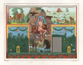 Veggmaleri av Orpheus med lyre fra viridarium (hagen) til huset til Vesonius Primus, en fuller. Han er omgitt av dyr, inkludert en løve, cougar, villsvin, hjort, kanin og blå flamingo. Kromolitografi av Victor Steeger etter en illustrasjon