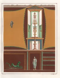 Veggmaleri med innrammede paneler fra en ostium (smal korridor) i Casa dell'Orso Ferito eller House of the Bear, Reg. VII, Ins. II, nr. 45. Kromolitografi av Victor Steeger etter en illustrasjon av Geremia Discanno fra Emile Presuhn (1844-1878) The