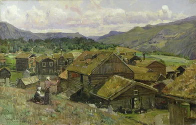 En norsk landsby med to kvinner (olje på lerret)