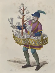 Glass- og krystallselger i det femtende århundre, fra Costumes de Paris a Travers les Siecles utgitt 1887 (fargegravering)