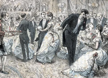 Samfunn og sosialt liv: ballen rundt 1880 (High society og sosialt liv: ballen) gravering fra "" The needs of life"" av Rengade