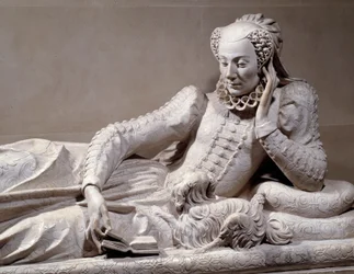 Gravmonument: Grav med portrett av Jeanne Valentine Balbiani (1518-1572), hustru til kardinal René de Birague (1506-1583), Frankrikes kansler. Detalj. Marmorskulptur av Germain Pilon (1535-1590), omkring 1573. Paris, Musée du Louvre