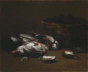 Stilleben med døde fugler og en kurv med østers, ca. 1860–1880 (olje på stoff)