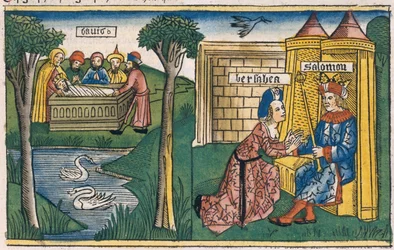 1 Kongebok 2, 10-11 Davids død, og 2 Kongebok 19-25 Batseba ber Salomo om å la Abisag gifte seg med Adonja, fra Nürnberg-bibelen (Biblia Sacra Germanaica)