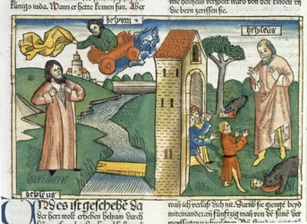2 Kongebok 2 1-24 Elias stiger opp til himmelen i en virvelvind og guttene som hånet Elisa blir spist av bjørner, fra Nürnbergbibelen (Biblia Sacra Germanaica) (farget tresnitt)