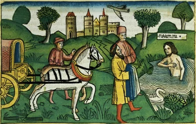 2. Kongebok 5 14 Rensingen av Naaman, fra Nürnbergbibelen (Biblia Sacra Germanaica) (farget tresnitt)