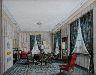 A Drawing Room Interiør, ca. 1855 (akvarell på papir)