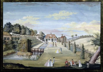 En formell vannhage med terrasser, vannparterres og paraderfigurer, ca. 1730