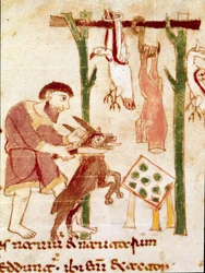 En slakter skjærer en geit (miniatyr, 9. århundre)