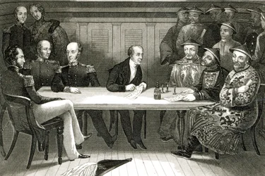 En konferanse på Chusan mellom Commodore Bremer og Chang, en kinesisk tjenestemann, om bord på HMS Wellesley, 4. juli 1841