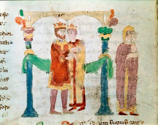Et miniatyrekteskap fra manuskriptet "" De Universo" eller "" De rerum naturis"" (Of the Nature of Things) av Rabanus Maurus Magnentius (eller Raban Maur eller Raban Mauro, ca. 780-856). Arkiv for Mount Cassin Abbey