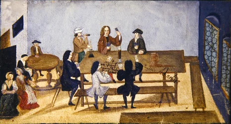En krointeriørscene med figurer som spiller kort, ca. 1690 (gouache på papir)