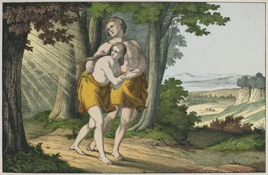 Adam og Eva utvist fra paradis, illustrasjon fra LAncien Testament, utgitt av Jakob Ferdinand Schreiber, Esslingen (fargegravering)