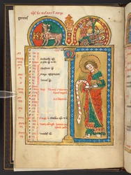 Legge til. 60629, f.2v april, del av 12 kalendersider i gull og farger, med arkitektoniske rammer som hver inneholder et tegn på dyrekretsen, en apostel og månedens arbeid (vellum)