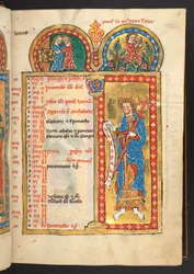 Legge til. 60629, f.3. mai, fra 12 kalendersider i gull og farger, med arkitektoniske rammer som hver inneholder et stjernetegn, en apostel og månedens arbeid (vellum)