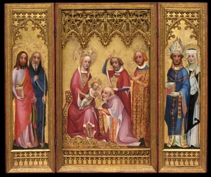Tilbedelse av magi, St. Severus og St. Walburga, St. James og St. Philip, ca. 1410 (olje og forgylling på eikepanel)