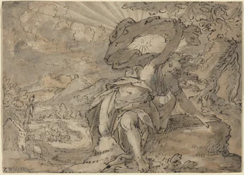 Allegorisk kvinnefigur i et landskap [recto], ca. 1600 (penn- og blekktegning)