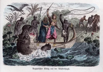 Antikkens historie. Egypt. Faraoen i en flodhestjakt. Tysk ... (gravering)