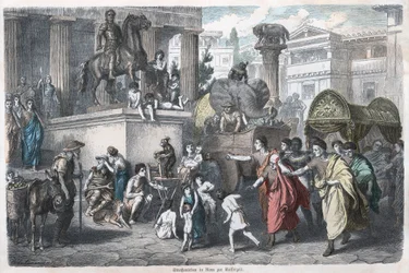 Antikkens historie. Roma. Scene i en romersk gate ... (gravering)