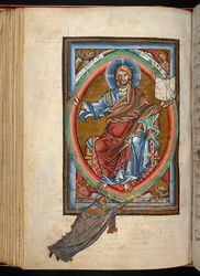 Arundel 156, f.99v, Kristus sitter på tronen i majestet i en mandorla, omgitt av de fire symbolene til evangelistene, fra 'Gradual, Sequentiary, and Sacramentary' (vellum)