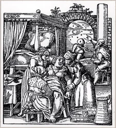 Astrologer kaster et horoskop for barnet som blir født til en kvinne i en fødselsstol, fra De Conceptu et Generatione Hominis av Jacob Rueff, utgitt i Frankfurt, 1587
