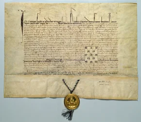 Bull of Charles IV (1316-78) Den hellige romerske keiser, 29. januar 1365 (blekk på pergament med gullsegl)